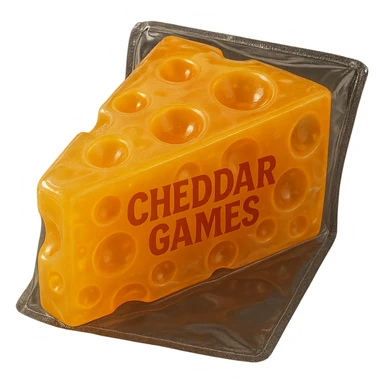 A retro, hyper-realistic block of cheddar cheese with Swiss holes, made of clear orange plastic, soft and squishy like a gummy, with soft reflections and cloudiness, sealed in plastic with 'Cheddar Games' text, no background, extremely high quality and detailed. sticker
