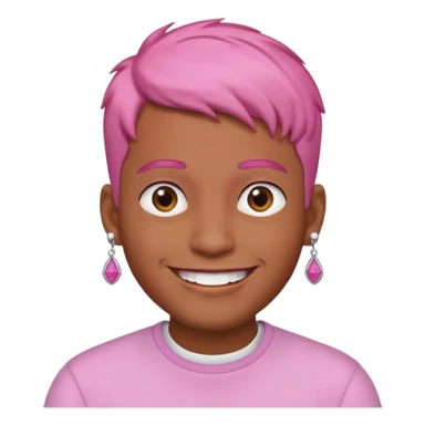 cool man with brown skin, short pink hair, two earrings, big smile, iOS emoji style sticker
