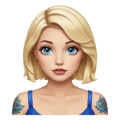Woman, Blonde hair wavy Medium blunt bob, blue eyes, makeup Smokey lid with doe lashes, fuller glossy lips, tattoo on arms, wearing black sticker