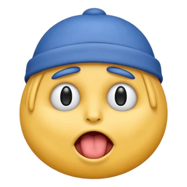 An emoji with a blue hat on its head and 1 blink and tongue sticking out sticker