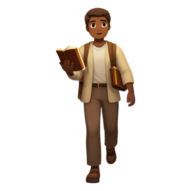 A man walks from darkness and inner conflict toward a glowing light in his chest, guided by intuition. Along the path, he passes through ambition and emptiness, then reaches a radiant mountaintop where healing transforms him into a fulfilled guide, holding a book and offering his hand to others. sticker