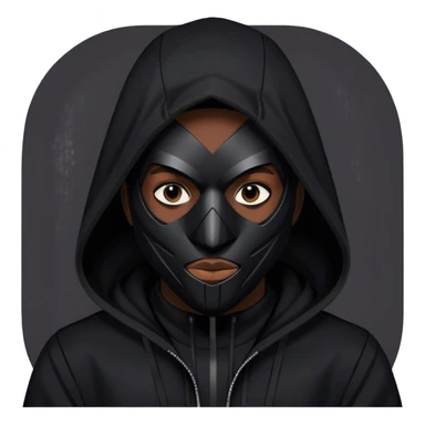man with black hooded jacket and a full black full-face geometric mask with only black sticker