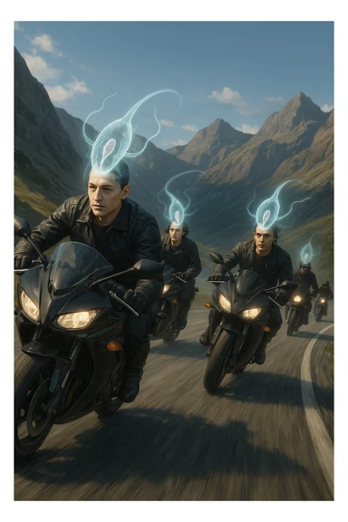 A group of motorcyclists riding aggressively along a winding mountain road at high speed. Their expressions are eerily calm and fearless. Faint, translucent parasite-like forms (symbolizing Toxoplasma gondii) overlay their heads or brains, emitting a subtle glow. sticker