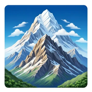 Cinematic Realistic Mountain Emoji, Majestic and towering, with craggy, snow-capped peaks rising sharply against a deep blue sky. The rugged terrain is dotted with rocky outcrops and patches of greenery, with clouds swirling around the higher reaches. Soft glowing outline, capturing the essence of ancient strength and natural beauty in a towering mountain! sticker