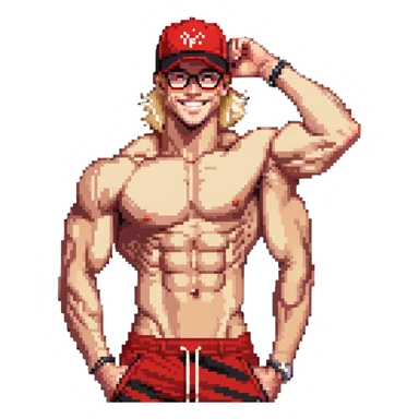 Skinny man with muscular definition, black and white cap with VANOMAS text, bare torso, red shorts, clear glasses, messy light blond hair, flexing muscles and smiling sticker