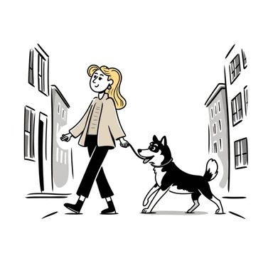 Blonde woman wearing a sweater walking a happy Siberian husky in New York City on an upper east side city sidewalk  sticker