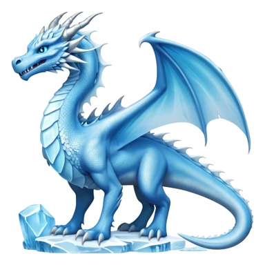 Cinematic Noble wise elegant Ice Dragon full body  Emoji, Poised and imposing, distinct long elegant snout, with a slender, scaled body shimmering in glacial hues of icy blue, frostbitten silver, and crystalline white, breathing out frost, with piercing, glowing ice blue white eyes that radiate the chilling depths of an arctic storm; rendered in detail. excuding wisdom sticker