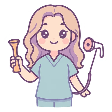 A kawaii style girl with appearance and clothing as in the reference, holding an obstetric stethoscope in one hand, the other hand down, smiling. Detailed shadows and highlights, thin clean contours, soft rounded shapes, pastel palette #98B5BC, #B5B3C1, #C9A3C9, #E4C0CA, #F7DCD1, #F7C0AA, soft lighting, transparent background, no decorative elements. sticker