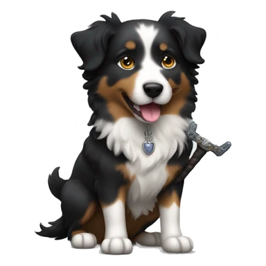 Small black australian shepherd dog with a sword sticker