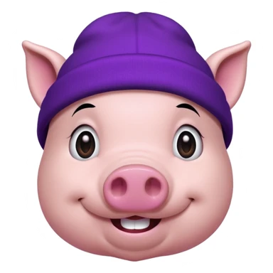 cheerful pig in a purple beanie, long black hair sticker