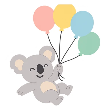 koala floating with pastel balloons, happy face, pastel-toon style sticker