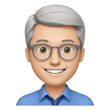 30 yr old pale white man, grey side swept hair, round glasses, big smile, white teeth, handsome, longer hair, thin glasses, blue dress shirt sticker