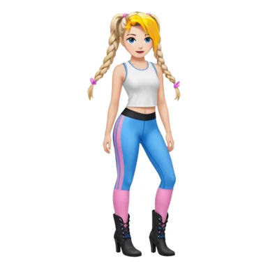 Beauty with blonde balayage and pink highlights long hair half braids with blue eyes wear White sexy top and black Leggins and Boots with heels sticker