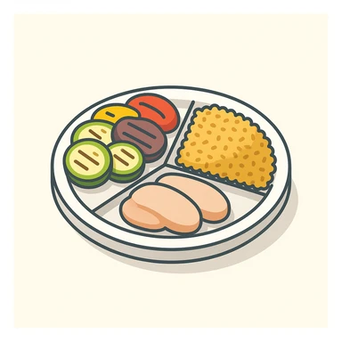 Harvard plate, half with grilled zucchini, eggplant, and bell peppers, one quarter with turkey breast slices protein, one quarter with bulgur complex carbs, 2D isometric illustration style sticker
