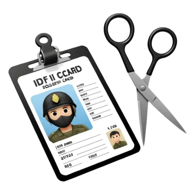 Floating black Scissors cutting an idf soldier ID card in 2 parts .hyper realistic sticker