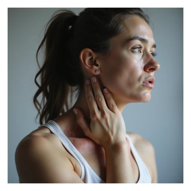 hyperrealistic 4K quality profile view of a woman with a suffering expression, one hand on the nape, tense and reddened neck and shoulder muscles, realistic details, light background sticker