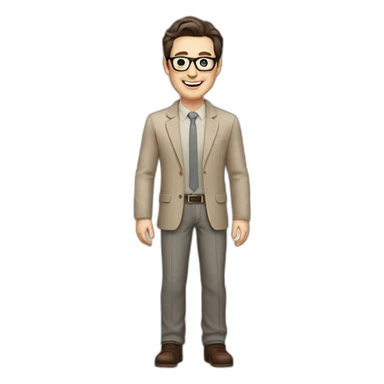 Joyful Full height Pale skinned Fit Man With dark brown hair in gray jacket, beige office shirt, Brown pants and vintage glasses. His thrumbs up sticker