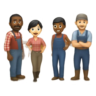 barn with two farmers, one male and one female and some customers of various ethnic backgrounds on a farm with barn in background sticker