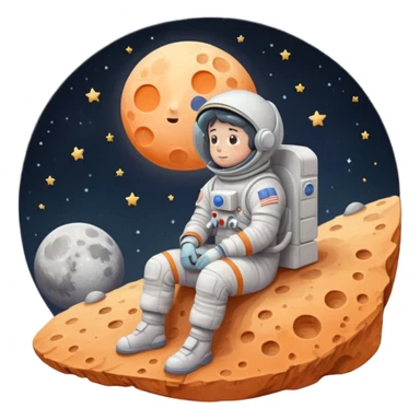A whimsical digital illustration of a cartoonish astronaut, delicately rendered in soft pastel hues, sitting on a tiny, cratered moon, lost in thought as they stare out into the vast, starry expanse of empty space, their bright orange sticker