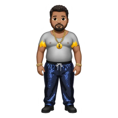 Fatman Scoop with dark brown hair, black sequin baggy pants, shirtless with necklace sticker