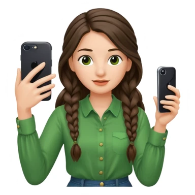 brunette long braided haired woman with green blouse holding her phone having selfie sticker