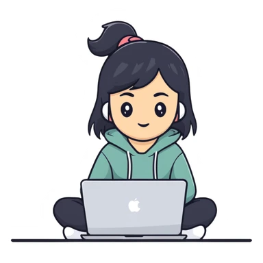 Asian girl with black hair sitting and watching a MacBook laptop sticker