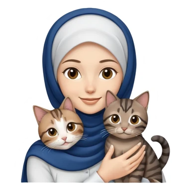 White girl wearing dark blue hijab with white shirt smiling while holding a black grey brown tabby cat sticker