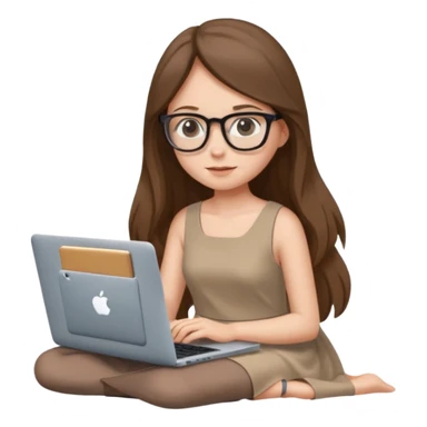 Girl in glasses,brown long hair, beige dress, sitting with gray MacBook sticker