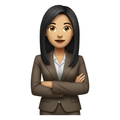 Female defense attorney with long black hair with brown suit sticker