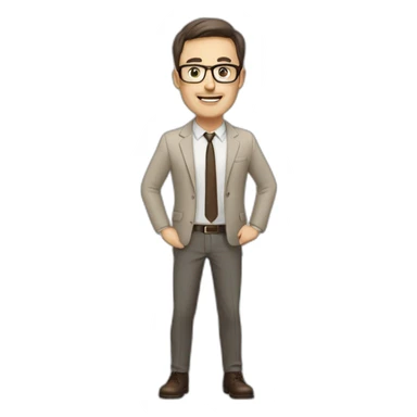 Full height Actively gesturing with hands Pale skinned fit man with dark brown hair in gray jacket, beige office shirt, brown tie, brown pants and vintage glasses. sticker