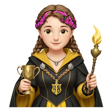 Helga Hufflepuff,the Hogwarts founder of Hufflepuff,brown-haired,2braids,yellow-black medieval dress with black cloak decorated with gold braiding,flickering magic wand and tiny two-handled shiny gold cup engraved with the badger silhouette,very kind smile,curvy busty sweet sticker