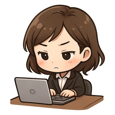 chibi style cute Asian lady with brown hair, concentrating on her work at a desk, with a keyboard and a laptop sticker