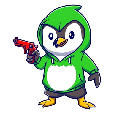 A cute half-dolphin half-penguin thug character with a gun, wearing a blood-splattered green hoodie and Dollar General shorts sticker