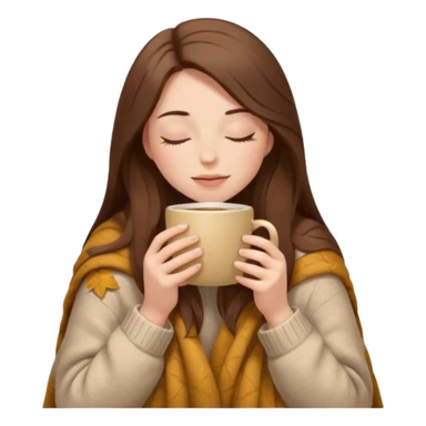 long brown hair woman closed eyes hiding under a cozy wool beige blanket, holding cup of coffee, autumn mood sticker