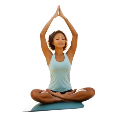 A person moves through a gentle yoga pose in the morning sun, one hand reaching up, the other near a plate of vibrant whole foods and a bottle of water. A cozy bed sits behind them, glowing softly. Nearby, a small group of friends laughs together under a tree—health, movement, nourishment, rest,  sticker