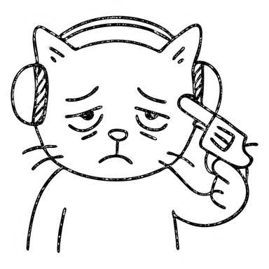 tired sad cat with headphones and gun, hand drawn outlined icon sticker
