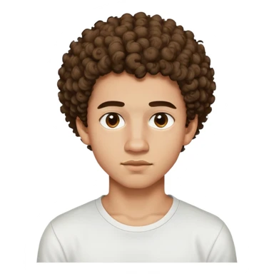 a 17 year old light-skinned boy with slightly brown eyes, small mustache above his lip, very curly hair like a small afro with cut sides, one twisted curl falling on his forehead, wearing a tight white shirt sticker