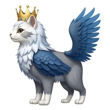 A side view of a standing, slender cat with eagle wigs, a white crown, and blue and grey fur sticker