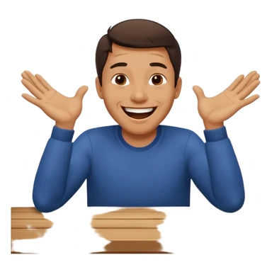 A man is laughing with his head siting on the table and his both hands are knocking the table sticker