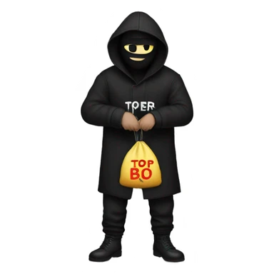 Thief wearing all black clothes stealing a money bag with the words Top Tier embroidered on it sticker