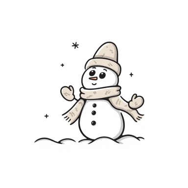 A cute snowman with scarf and winter accessories in pastel colors (dd9fb0, ffc6d3, a3bfc9, c4bee2, f1b091), hand-drawn doodle style sticker