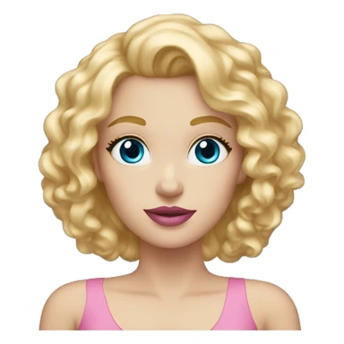 White woman with blue eyes, pink lips, blond curly hair long, pink dress  sticker