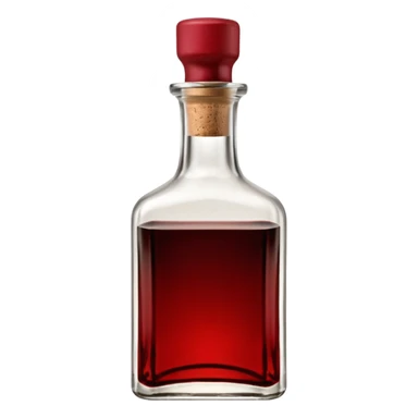 balsamic vinegar bottle, elegant glass, dark brown to ruby, round or square base, slender neck, cork or metallic cap, dark glass, reflections, 3D clean style, transparent background, optimized for emoji size sticker
