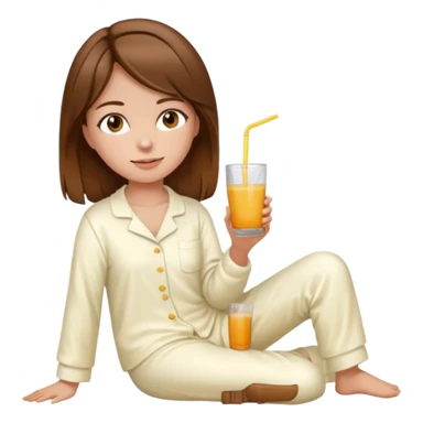 Menina de cabelos castanhos de corpo inteiro, pijama marfim tomando suco  sticker