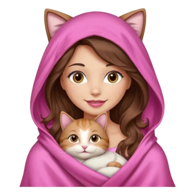 girl with long wavy brown hair, brown eyes, long lashes makeup, sexy pink lips, light to medium complexion, wearing a pink sexy silk top, big blanket over the head cozy holding a cat,  sticker