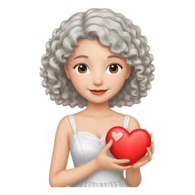 silvery curly/wavy shoulder-length hair smiling lady holding a heart sticker