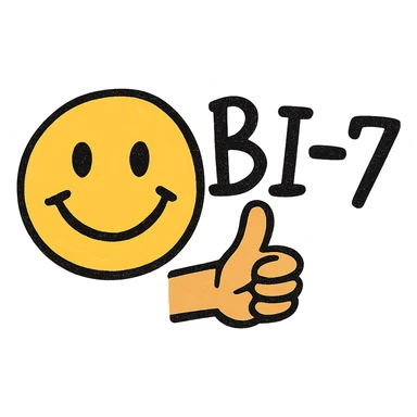 cheerful face with thumb up, 'BI-7' written in playful hand-drawn text style sticker