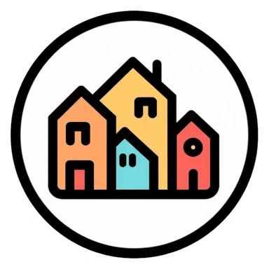 Community of houses in a circle, minimalist homelessness support logo sticker