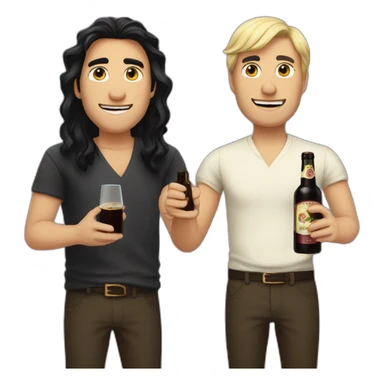 two men, one with long black hair, one with short blonde hair, both holding a bottle of fernet sticker