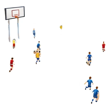 A mini-football match in an indoor sports hall with a wooden floor and clear court markings. The scene captures players in action, with the ball moving towards the goal, and the surrounding bleachers and overhead lights adding to the atmosphere of a competitive game. sticker